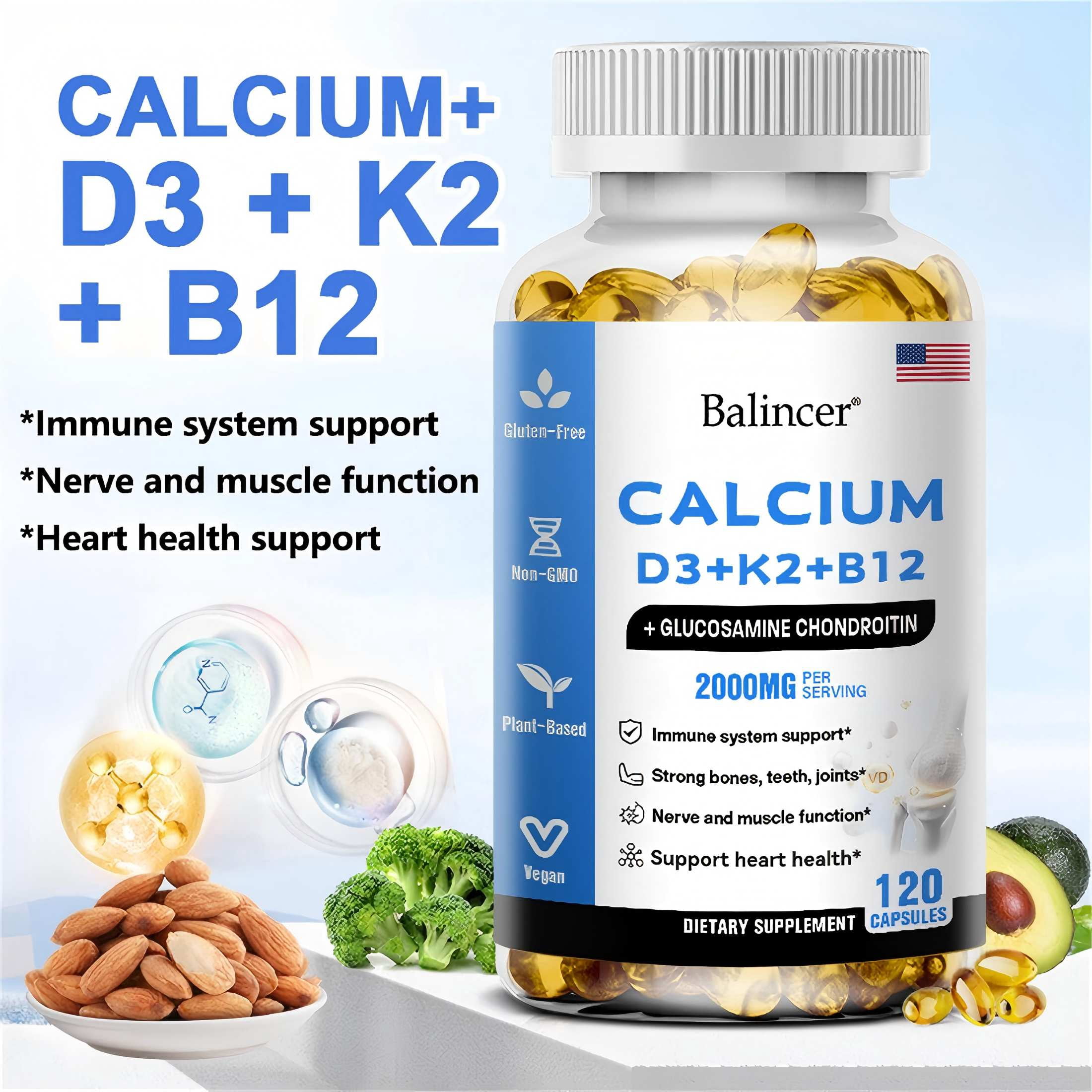 Balincer Calcium & Vitamin D3 Supplement, with Calcium D3+K2+B12, Support Immune Health, 120 Capsules