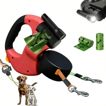 Flowleesh Dual Dog Leash with 360° No-Tangle Swivel, Retractable Length, LED Light & Poop Bag Holder – Flowleash Heavy Duty No Tangle Double Leash for Large Medium Dogs Walking & Training (Red)