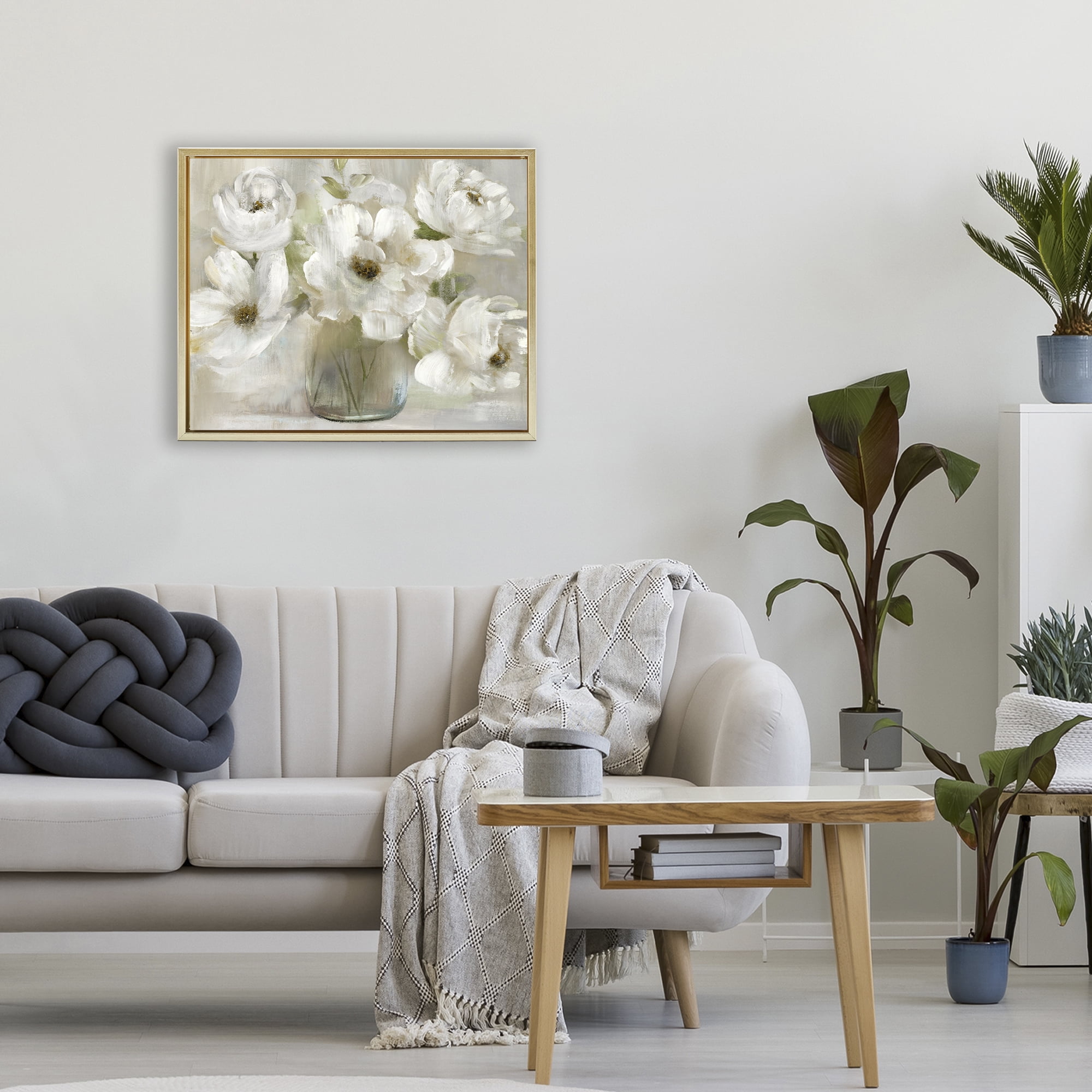 Stupell Industries Gentle White Petals in Vase Gold Framed Floater Canvas Wall Art, design by Nan