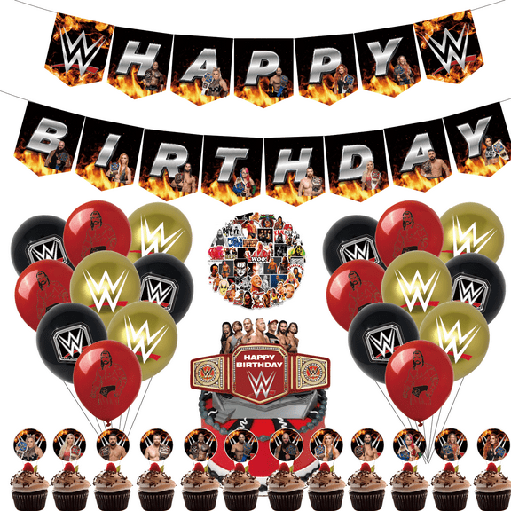82 Pcs For Wrestling Cartoon-Themed Birthday Decorations and Party Favors Set – Includes Banner, Cake Topper, 18 Balloons, 50 Stickers and 12 Cupcake Toppers for Celebration Events