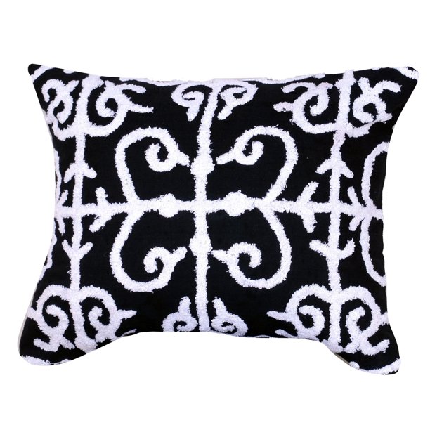 20" Black and White Embroidered Rectangular Throw Pillow