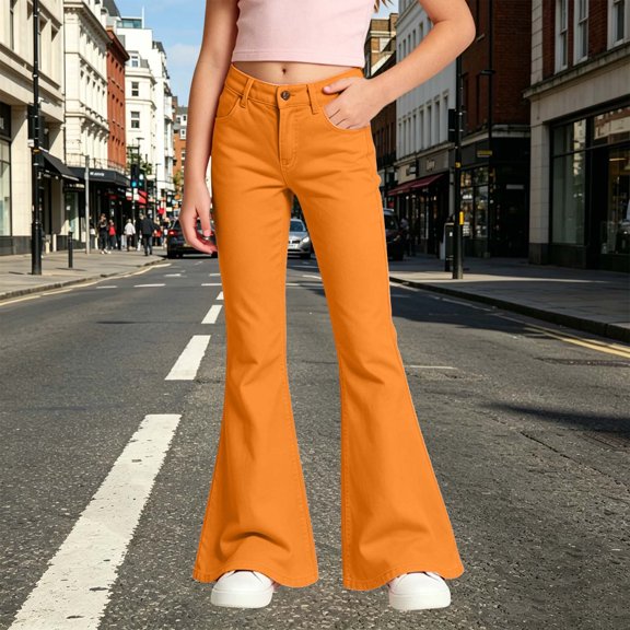 FYDUU School Uniform Pants for Girls Flare Leg Trouser Plaid High Waist Bootcut Dress Pants Kids Stretch Bell Bottom Trousers Fashion Trousers 5-6 Years
