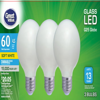 Great Value Deco LED Dimmable Soft White G25 Light Bulbs, 60w Eqv, 3 Pack