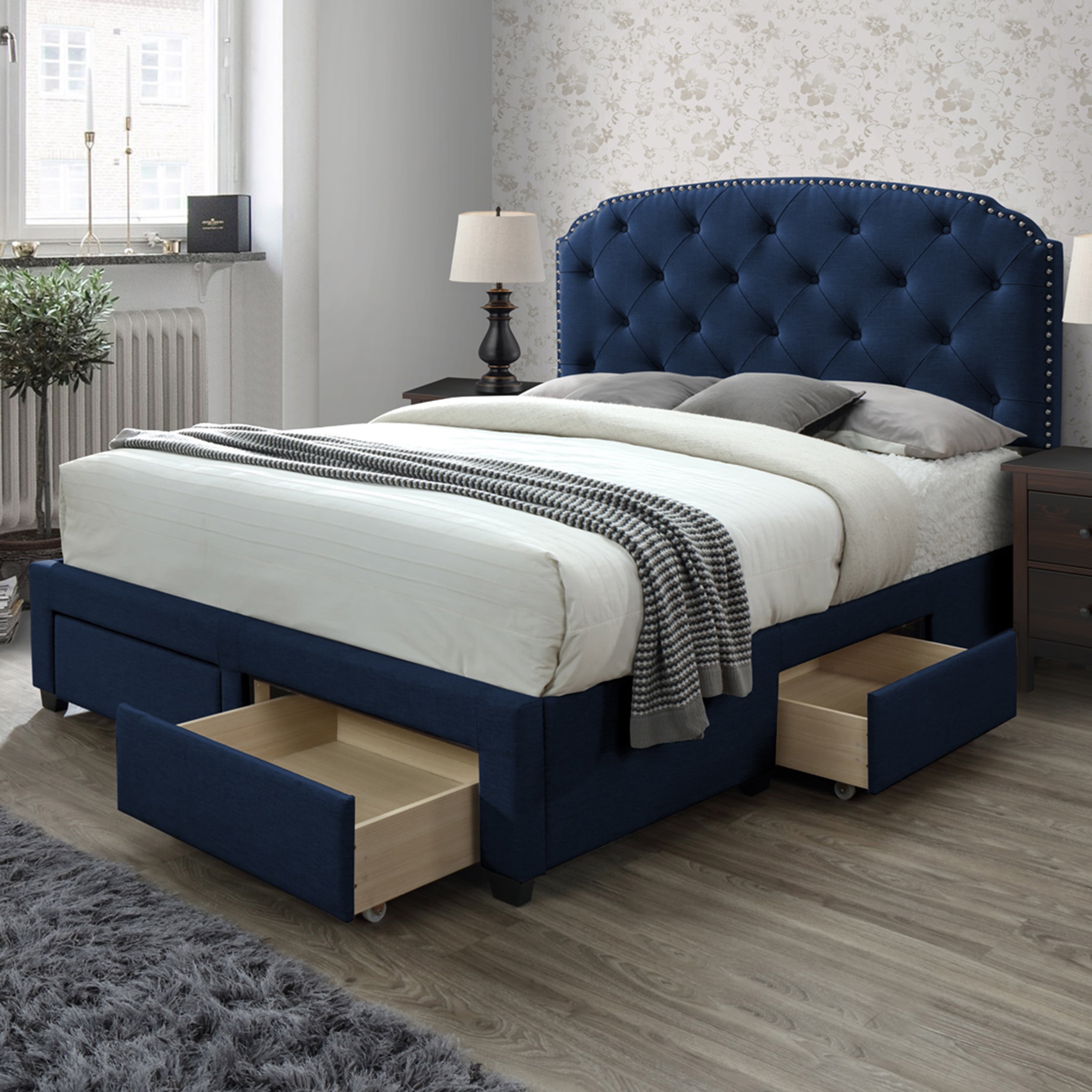 Dg Casa Argo Tufted Upholstered Panel Bed Frame With Storage Drawers