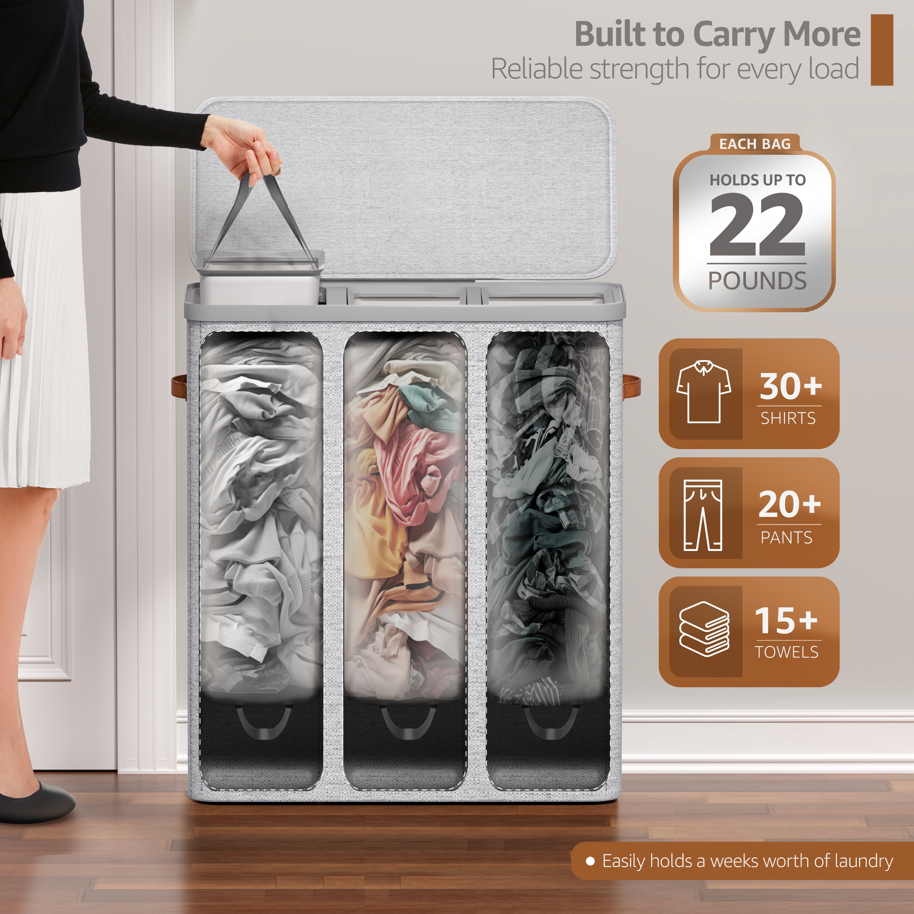 Sorbus Collapsible Fabric Laundry Hamper with Removable Bag, 3 Compartment, Gray