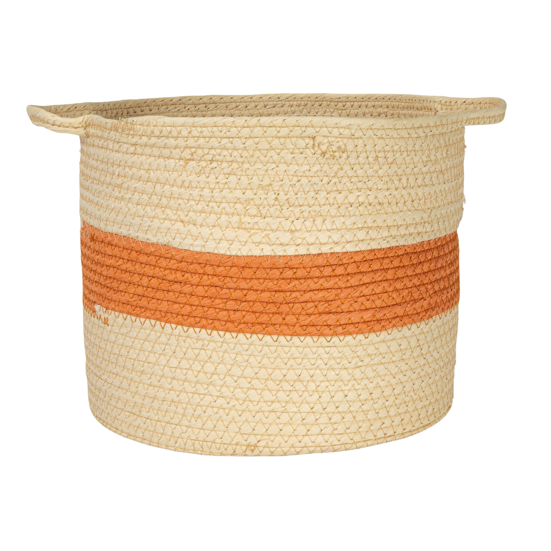 Household Essentials Round Handwoven Paper Rope Basket with Terracotta Stripe and Handles, Natural