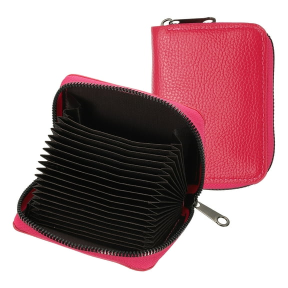 Uxcell  Accordion Credit Card Holder Zipper Wallet, Leather Card Case Organizer with 18 Card Slots for Women Men Storage, Rose Red (2 multi-slots)