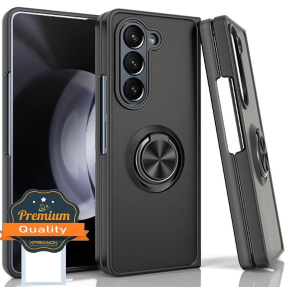 Xpression Cover for Samsung Galaxy Z Fold 6 Finger Ring Stand Holder Kickstand Hybrid Frosted Matte Silicone TPU Hard PC Slim Frame Phone Case - Black
