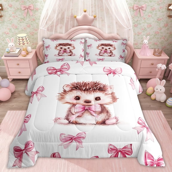 Erosebridal Cute Hedgehog Bedding Twin Comforter Set, Kawaii Bow Animal Comforter for Kids Girls, Pink Reversible, 2pcs