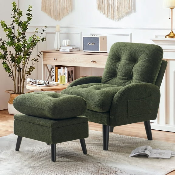 Accent Chair with Storage Ottoman, Adjustable Backrest Sherpa Living Room Chairs, Modern Reading Chair for Bedroom(Teddy Fabric, Green)