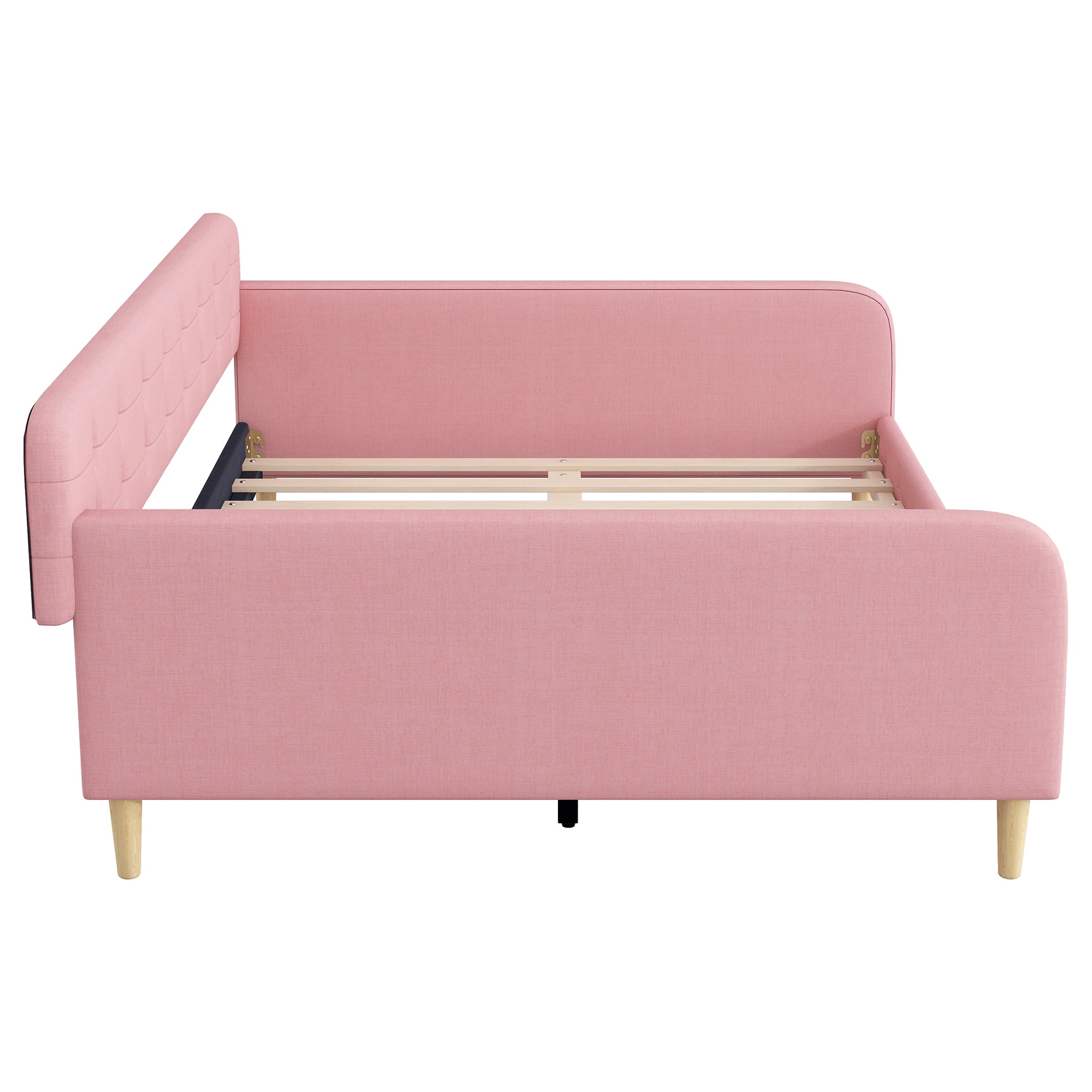 Queen Size Upholstered Daybed,Modern Linen Fabric Tufted Sofa Bed with 4 Support Wood Legs,Pink