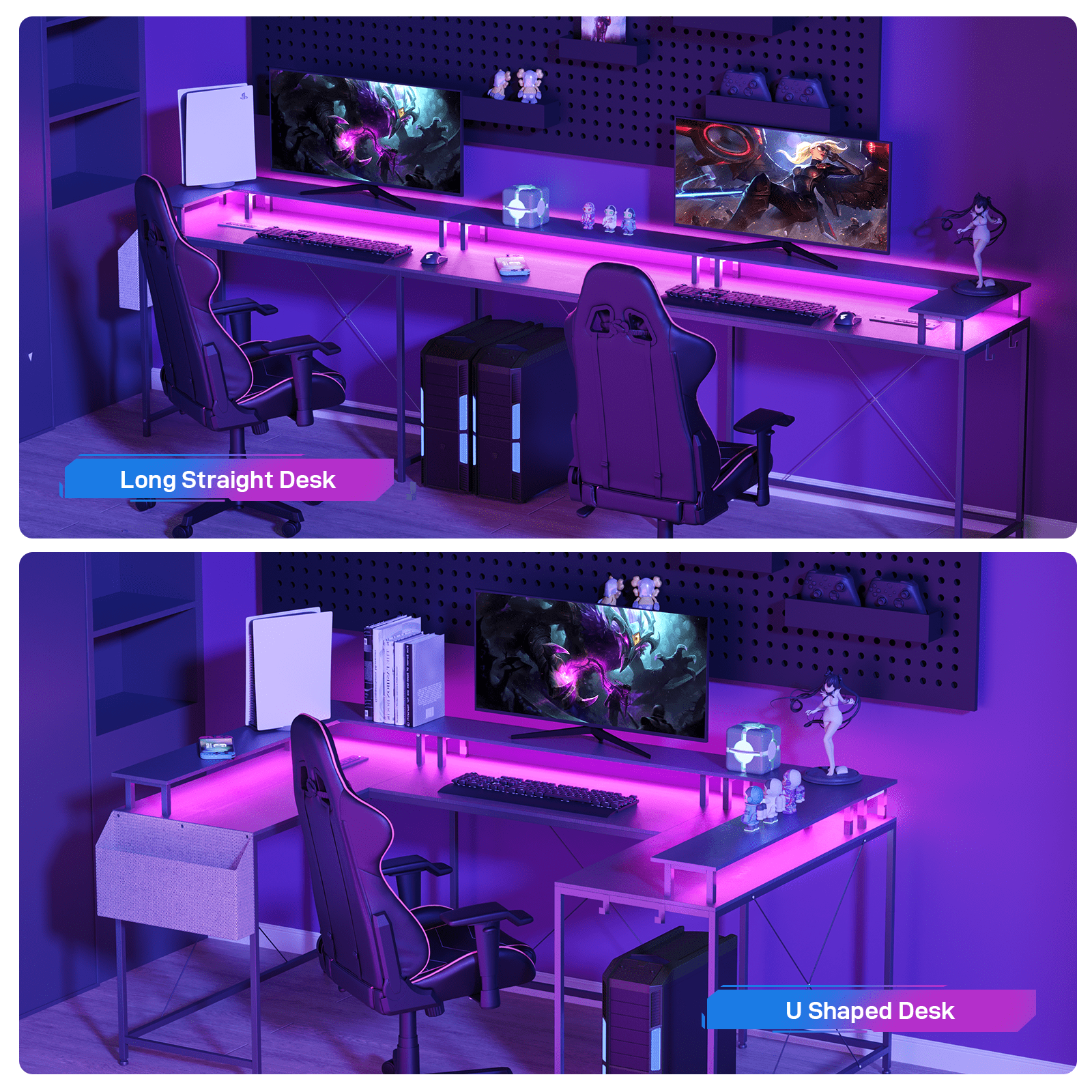 Danolapsi U Shaped Desk,Gaming Desk with Monitor Stand & LED Lights,Large Corner Office Table，79 Inch U- Shaped Gaming Desk,Reversible L Shaped Computer Gaming Desk with Power Outlets
