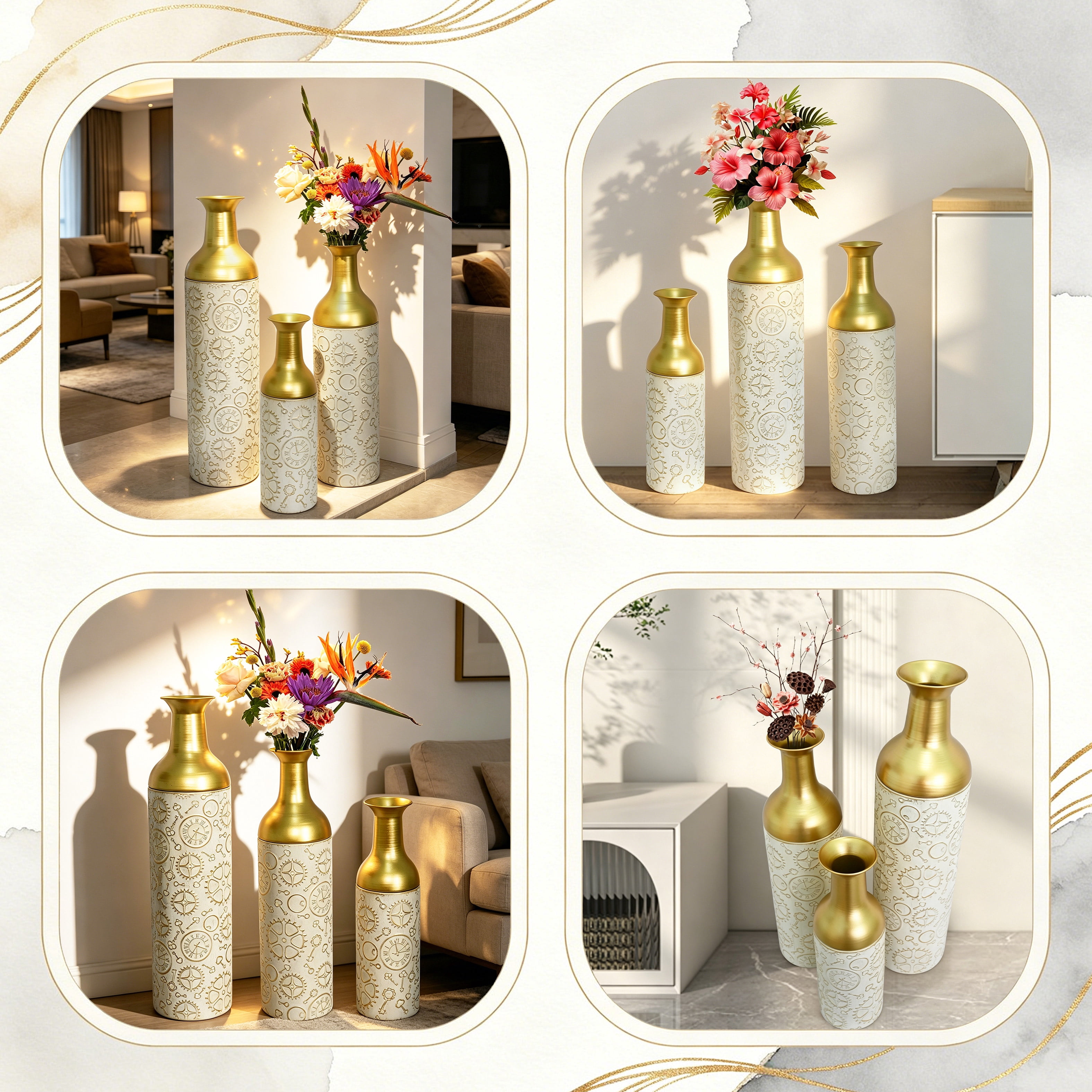 Metal Floor Vases Set of 3 with Leaf Pattern, Tall Decorative Vases and Home Decor Accents for Living Room Entryway, Antique White and Gold