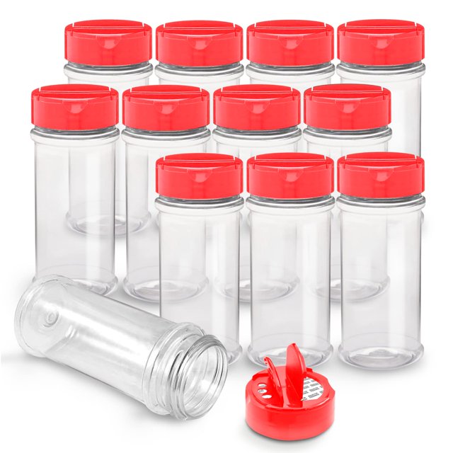 RoyalHouse Paquete de 12 tarros de especias de plástico de 5.5 onzas con tapa roja Contenedores de botellas de plástico transparente y seguro con tapas agitadoras para almacenar especias, hierbas y co