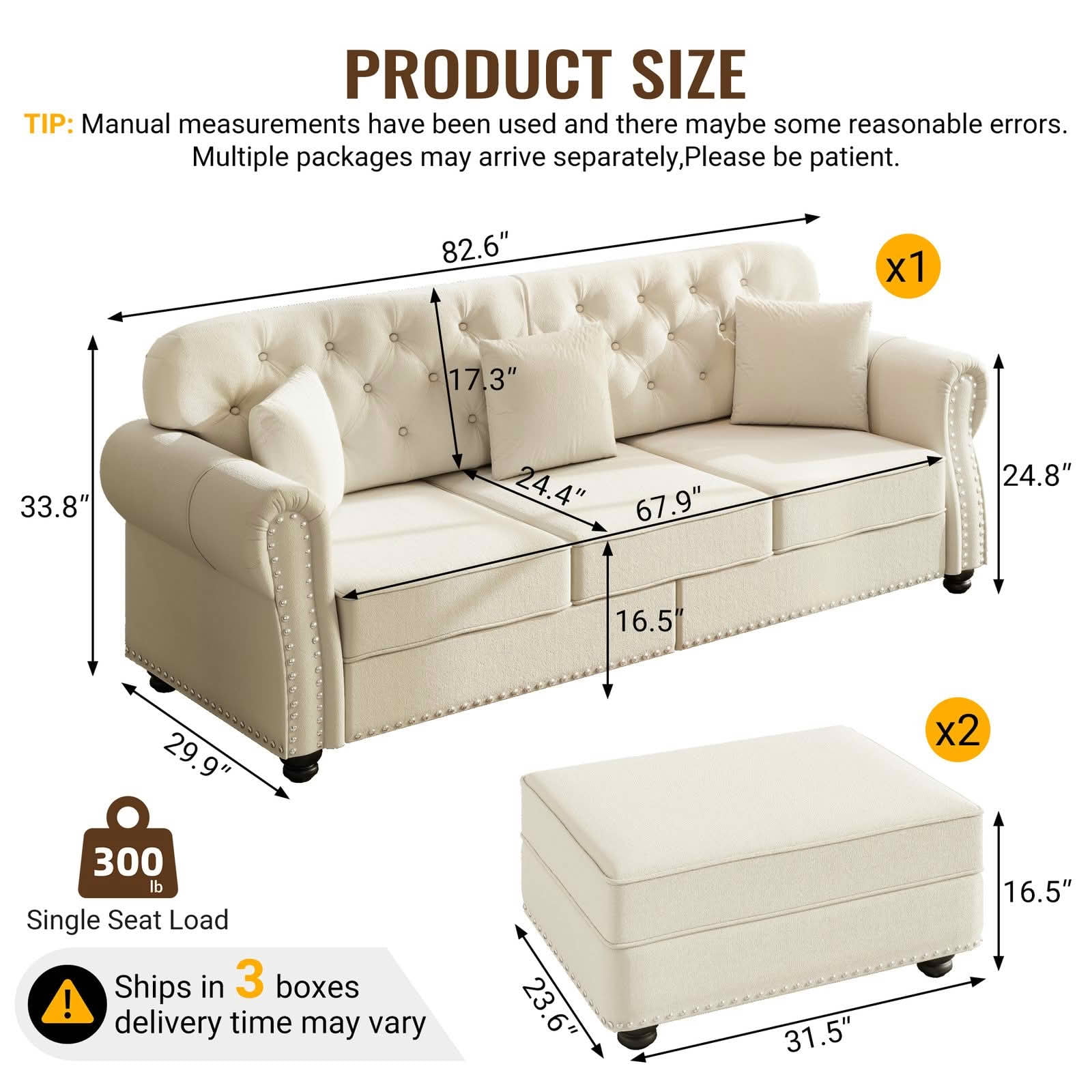 MAYEERTY 82.6 Inch Velvet Chesterfield 3‑Seater Sofa Set, Mid‑Century Modern Couch with Button Tufting, Nailhead Trim, Rolled Armrests, 3 Pillows and Ottoman for Home Living Room