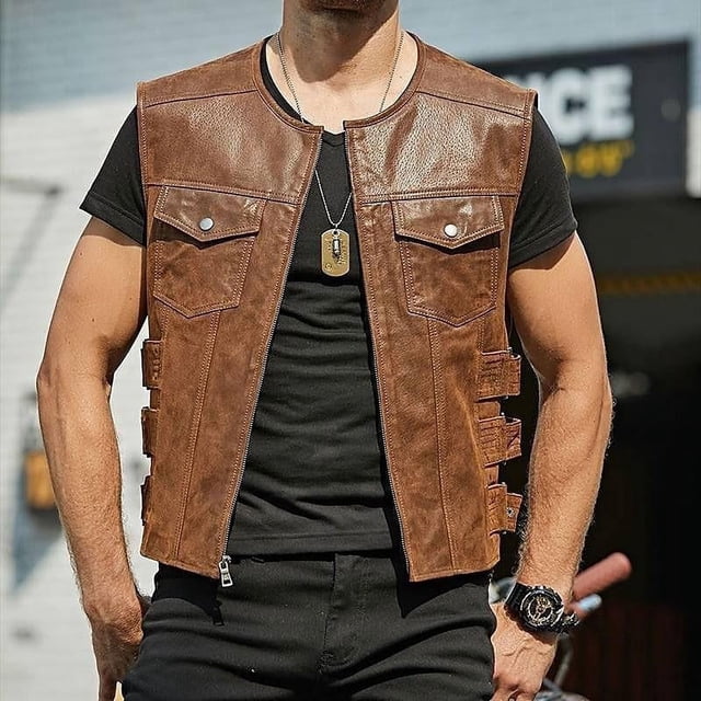 Chaleco de cuero para hombre Primavera y otoño Tendencia de moda Chaleco de chaqueta de un solo pecho Chaleco para hombre