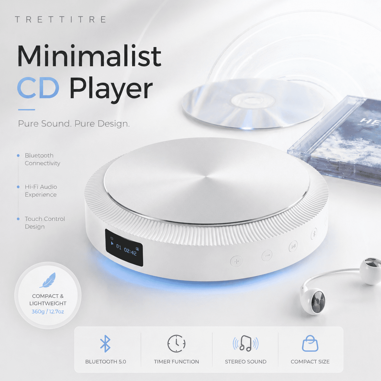 Trettitre protable CD player with Bluetooth – White & Gold for home and travel