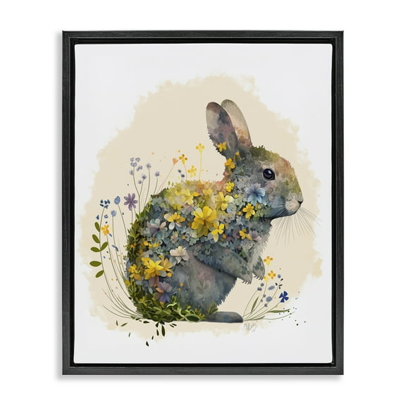 Stupell Industries Rabbit with Buttercup Flowers Animals & Insects Painting Black Floater Framed Canvas Art Print Wall Art, 17 x 21
