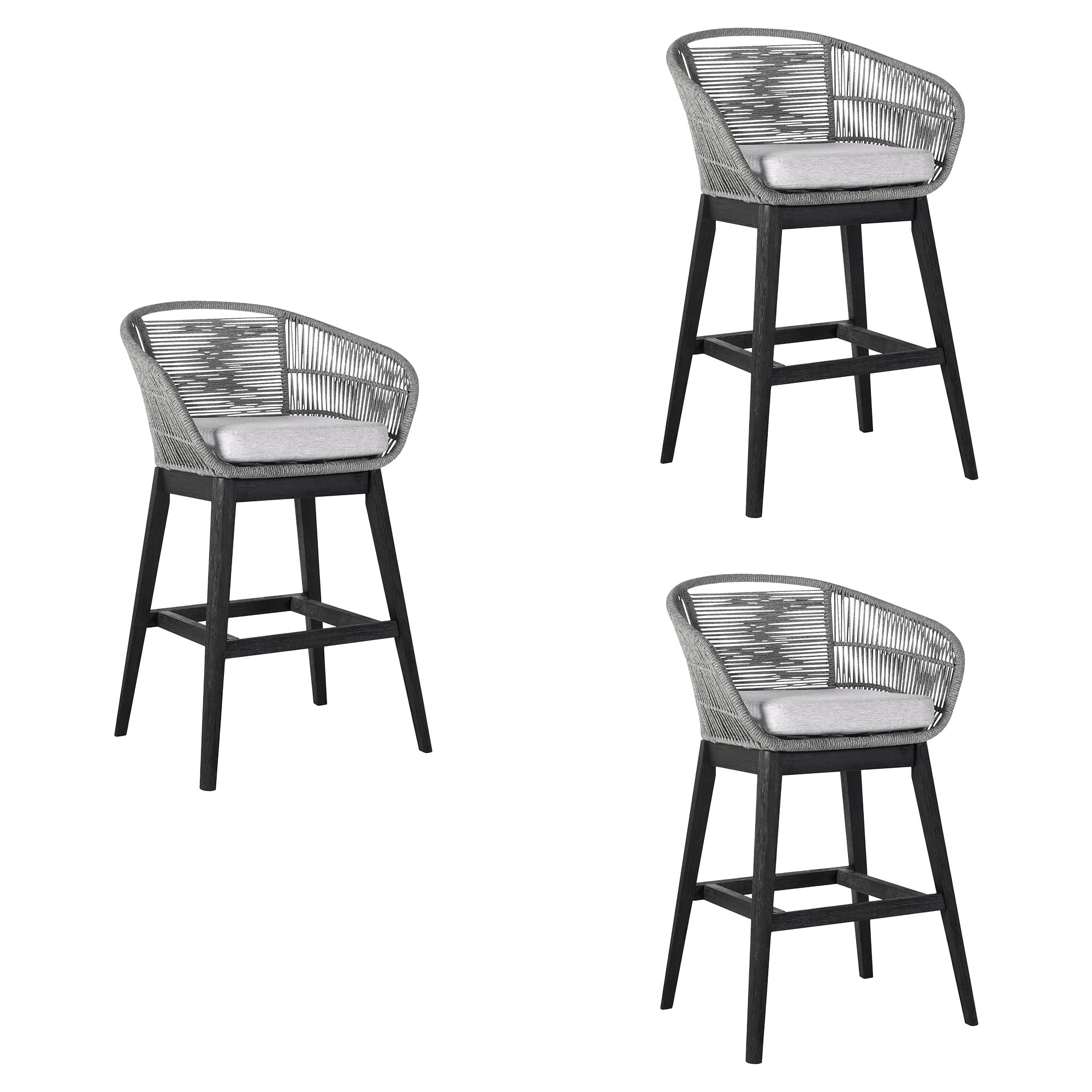Tutti Frutti Indoor Outdoor Bar Height Bar Stool in Black Brushed Eucalyptus Wood with Gray Rope - Set of 3