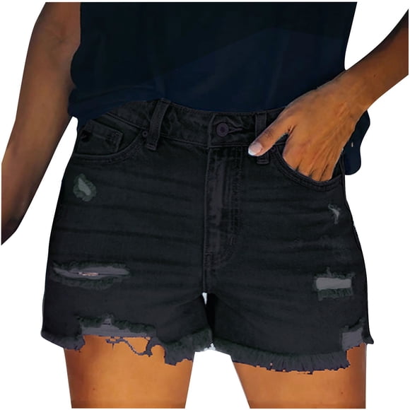 Timegard Women's High Waisted Frayed Ripped Classic Stretchy Denim Shorts, Summer Casual Jean Shorts, Large