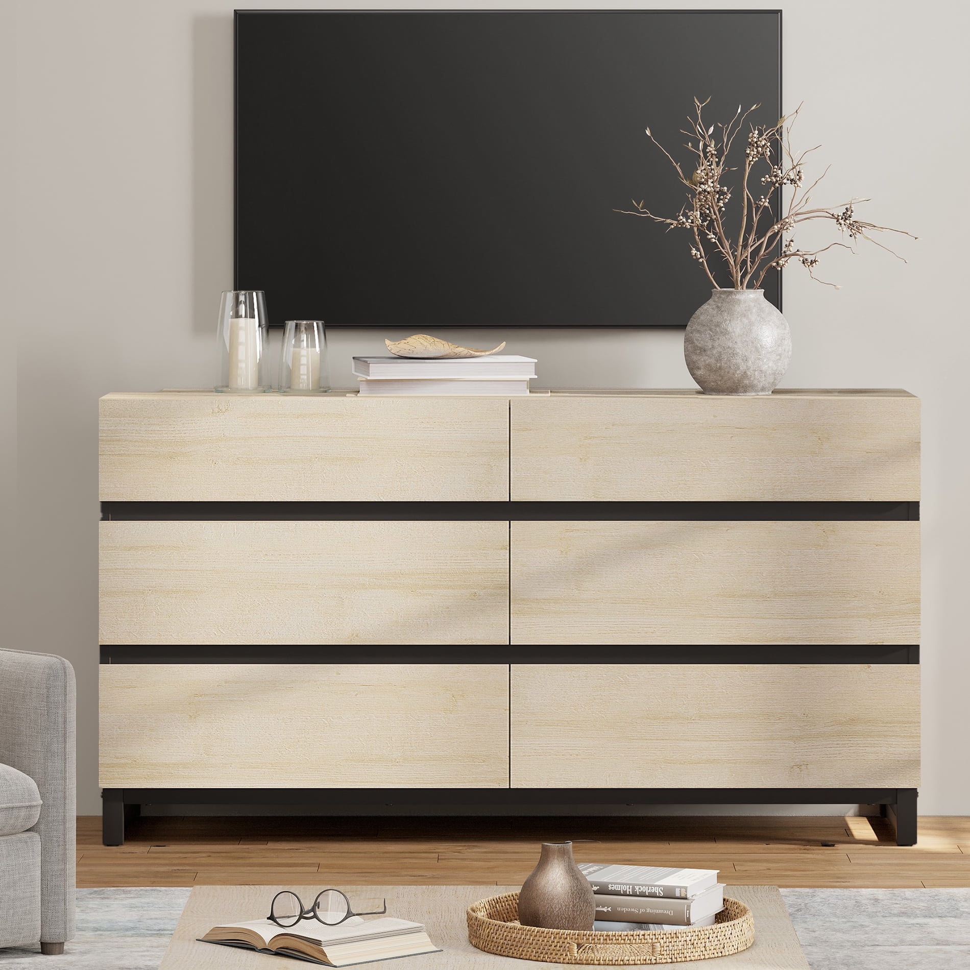 WAMPAT 6-Drawer TV Stand, Modern Media Entertainment Center with Metal Base, Wooden Storage Console Fits 50 Inch TV for Home Living Room, Beige