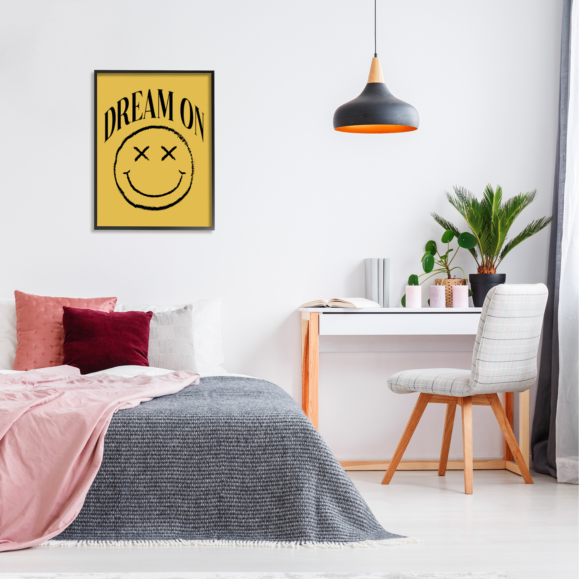 Stupell Industries Dream On Yellow Smiley Abstract Painting Black Framed Art Print Wall Art, 24 x 30