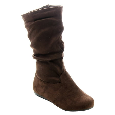 LINK GD92 Girl's Mid-Calf Solid Color Flat Heel Slouch Boots