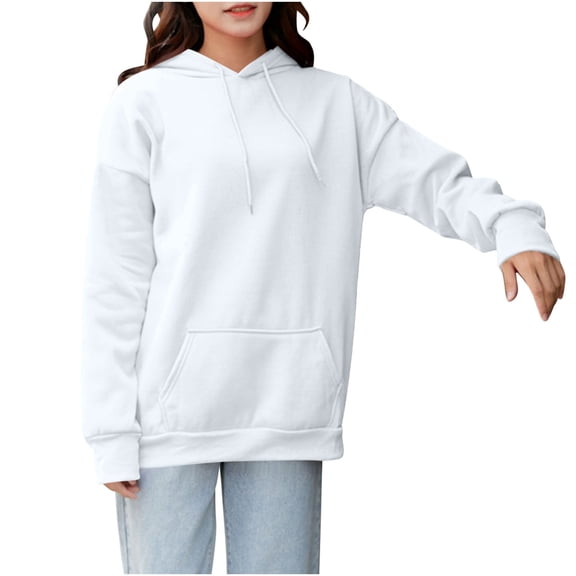 Fmbrln Womens Lightweight Hoodie Fall Winter Warm Fleece Long Sleeve Solid Color Hooded Sweatshirts Loose Comfy Pullover Tops with Pockets White 4XL