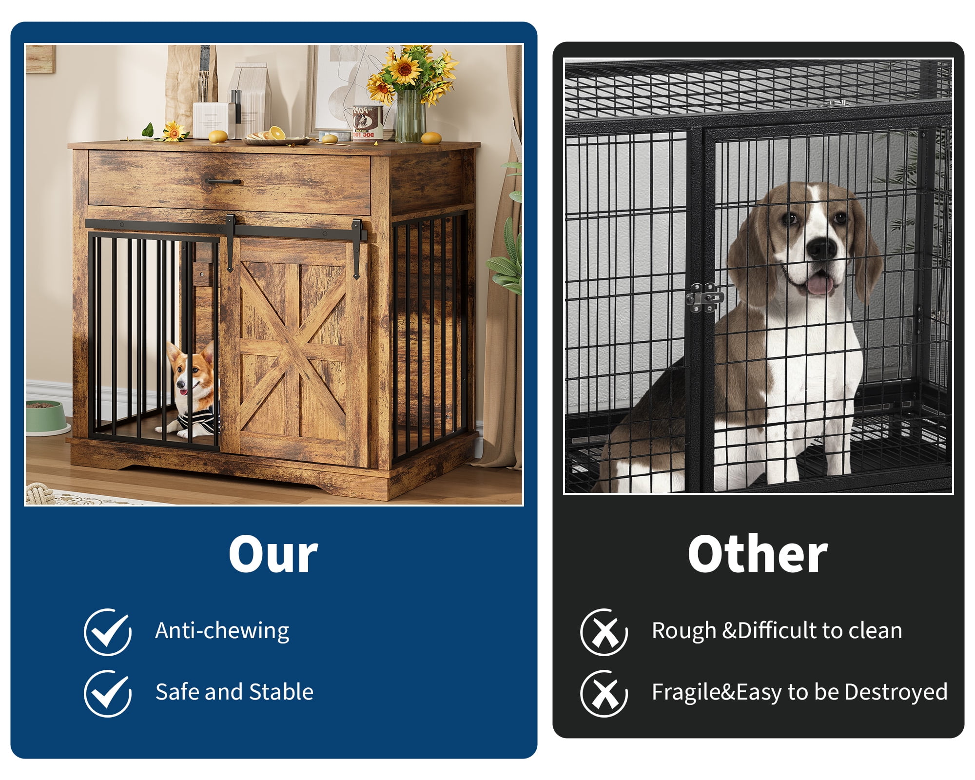 Danolapsi Farmhouse Style 2-in-1 Dog Crate,37.8" Dog Crate Furniture with Sliding Barn Door for Small/Medium Dogs, Dual Function as Side Table with Storage Drawer, 2-in-1 Iron-Wood Fusion Design