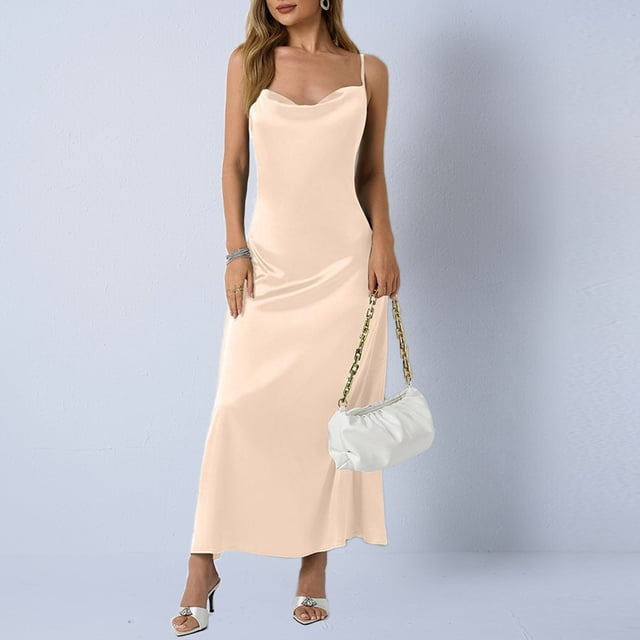Mceream Robe Midi Moulante Froncée pour Femme à Bretelles Spaghetti Longue Combinaison Satin Soie Robe Midi Dos Nu Soirée Fête Invitée de Mariage Robe Cocktail Beige P