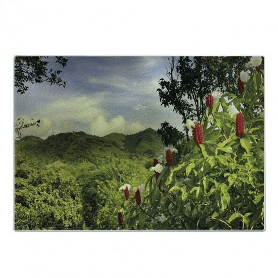 Forest Cutting Board, Rural Scenery Costa Rica Countryside Greenery Tropic Accents Botanical, Decorative Tempered Glass Cutting and Serving Board, Small Size, Green Red Violet Blue, by Ambesonne