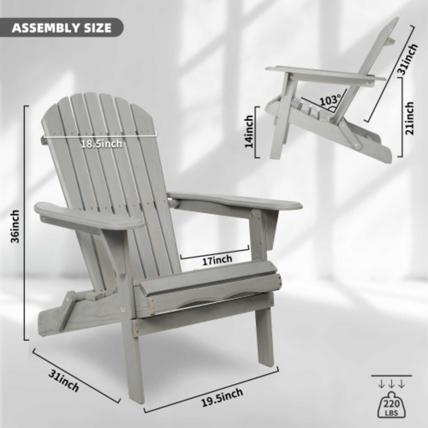 Solid Wood Folding Adirondack Chair Set of 2 with Embossed Grain for Patio & Garden