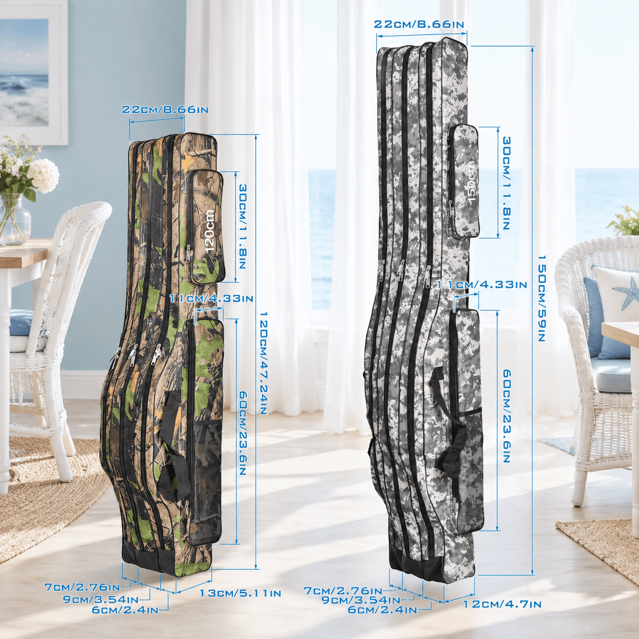 Grey Camouflage 47in 3 Layers Portable Oxford Fishing Rod Carry Case Tackle Storage