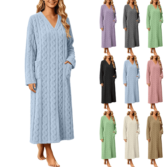 Jopfuhed Womens V-Neck Fleece Robes Fluffy Plush Bathrobe Long Housecoat with Pockets Winter Warm Cozy Loungewear Sleepwear