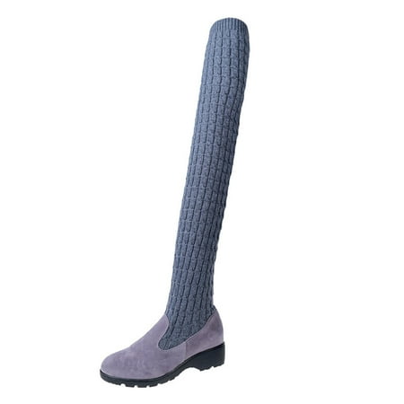 hopeusnice Women s Over The Knee Boots Winter Warm Knitted Suede Thigh High Boots Chunky Heel Flat Boots Platform Shoes Outdoor Ankle Boots Gray 35