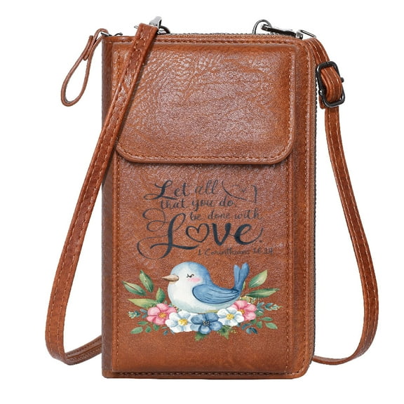 OIDERY Small Shoulder Bag Zip Around Credit Card Bags watercolor bird Bible quote vibrant flowers Long Purse for Gift Adjustable Strap