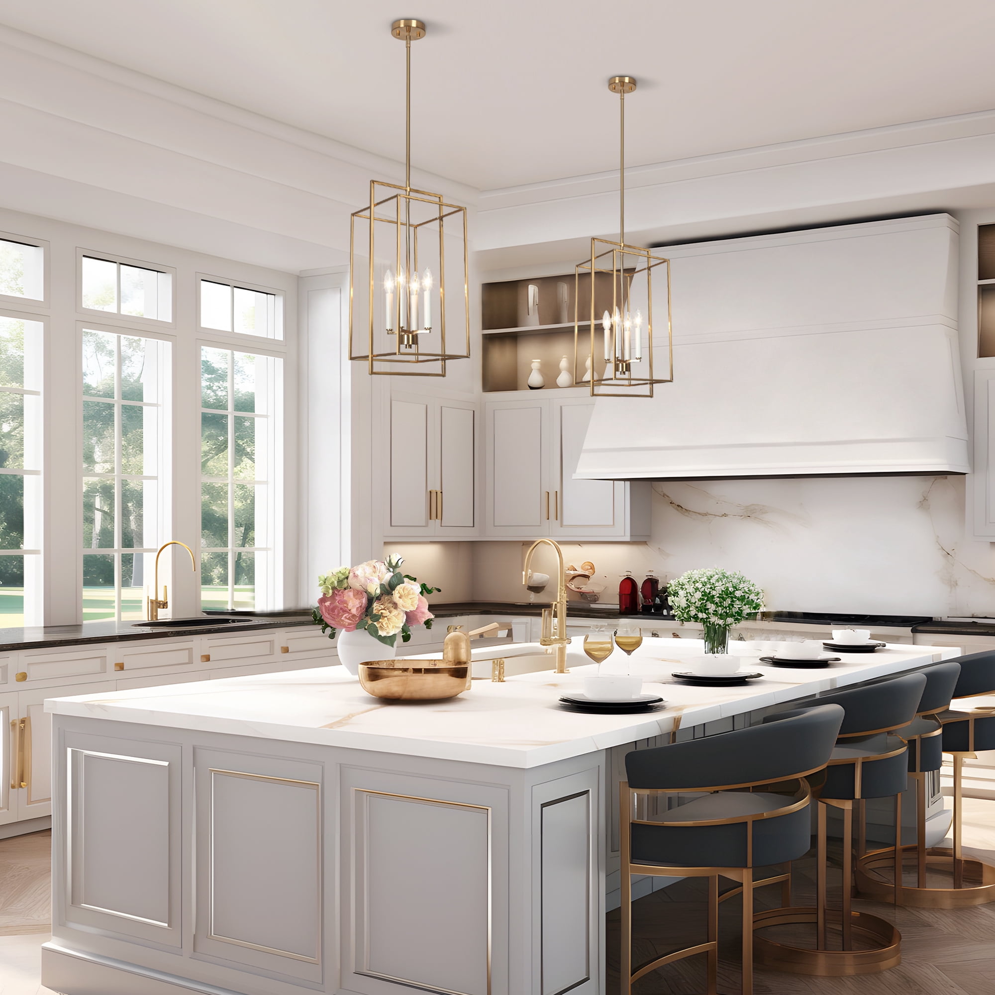 LNC 4-Light Polished Gold and White Candle Modern Linear Hanging Kitchen Island Light