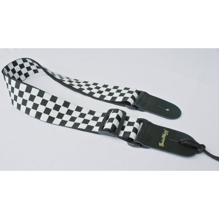 Guitar Strap Black And White Checkerboard Nylon Solid Leather Ends Fits All Acoustic Electric & Bass Made In U.S.A. Since