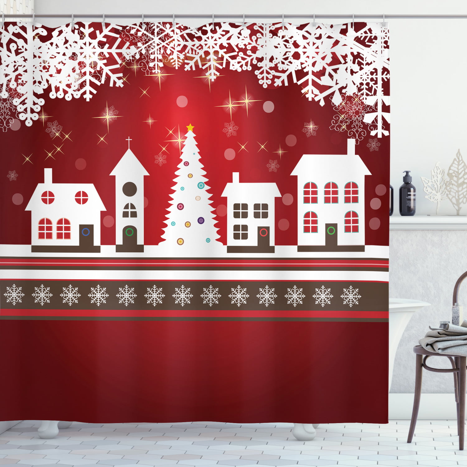 CHRISTMAS FABRIC SHOWER CURTAIN 13 Piece Set VINTAGE RED TRUCK W/ CHRISTMAS TREE 