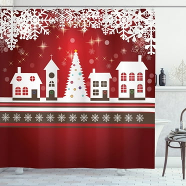 Ambesonne Christmas Shower Curtain, Winter Theme Tree, 69"Wx70"L, White Red