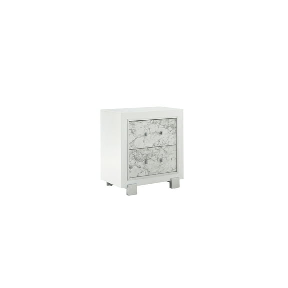 Modern Nightstand with Marble Finish, Bedroom Side Table, White Accent Furniture, 42 Inch Wide