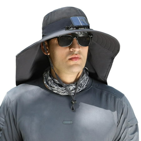 Kitem Men Fisherman Hat with Solar Fan Large Brim Windproof Strap USB Charging Anti UV Sunlight Quick Dry Great Breathability Outdoor Fishing Camping Travel Cap
