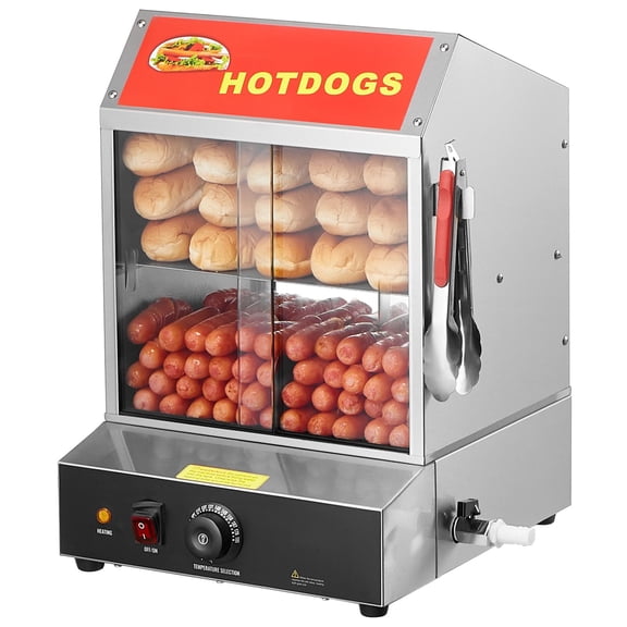 Commercial Hot Dog Steamer with Bun Warmer,2-Tier Stainless Steel Hot Dog Hut,86-185°F Temperature Control,Tempered Glass Doors,Includes Tongs&Partition Plate,28.5QT Capacity
