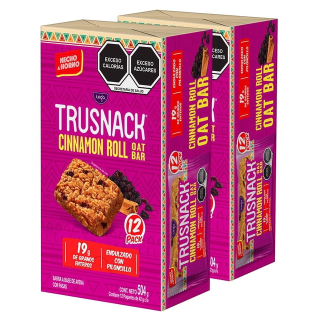 Trusnack Oat Bar Cinnamon Roll - 2 Cajas con 12 piezas cada una - Barritas suaves a base de Avena - Ingredientes naturales y orgánicos - Vegano - Kosher - Kid Friendly - On the Go