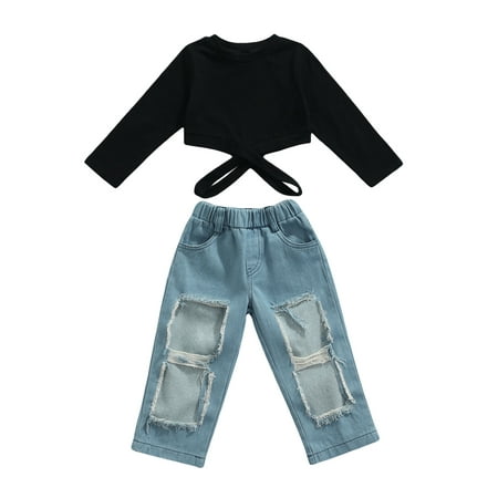 

TheFound Toddler Baby Girls Long Sleeve T-Shirt Crop Tops Ripped Jeans Denim Pants 2Pcs Fall Outfits
