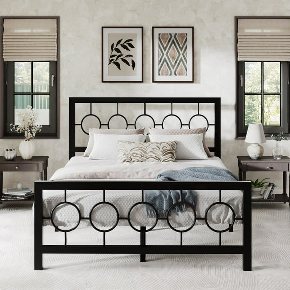 Sha Cerlin Black Queen Size Metal Platform Bed Frame with Vintage Circular Headboard & Footboard, Adult