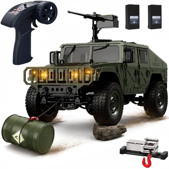 1:14 Scale 4WD RC Crawler Military Truck with Winch & LED Lights, 2 Batteries 80 Min Play, 2.4GHz All-Terrain Off-Road Remote Control Car RTR Hobby Toy Gift for Boys Adults