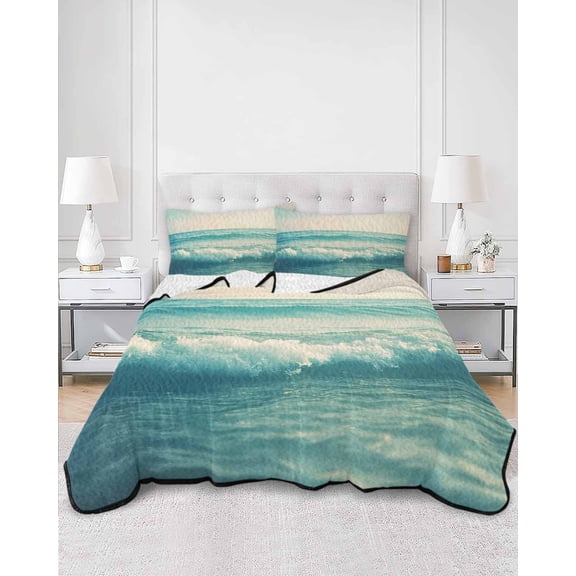 Quilts King Size, Teal Ocean Waves Retro Soft Comforter Bedding Set for Bed, Summer Beach Coastal Nautical Lightweight Quilted Bedspread with Pillow Cover(2 Pieces) for All Season, 96x106 Inch