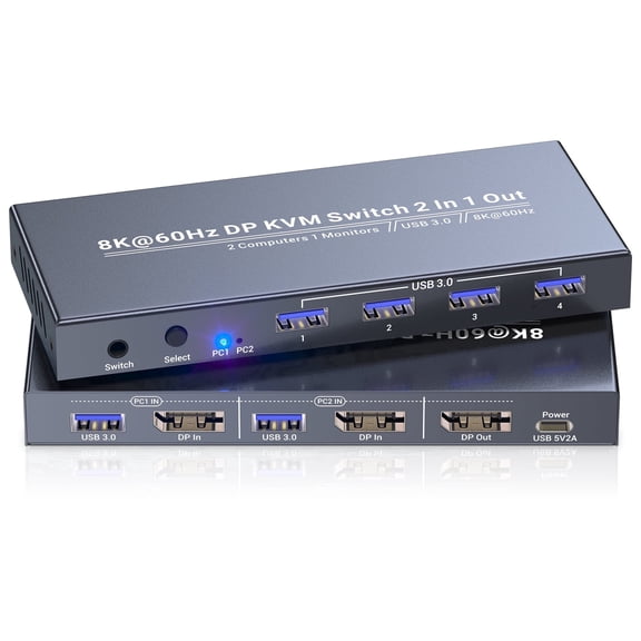 DisplayPort KVM Switch 1 Monitor 2 Computers, 8K@60Hz 4K@120Hz 2 Port DP KVM Selector with 4-Port USB 3.0 Hub for Keyboard & Mouse Sharing