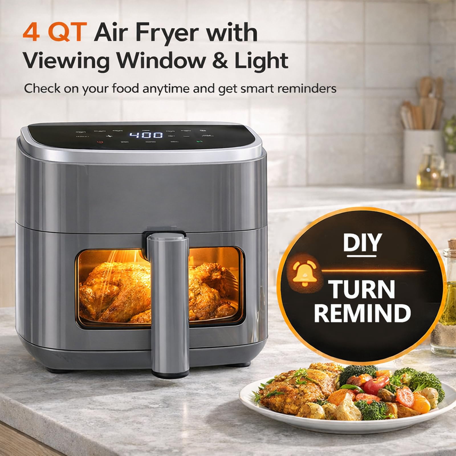Plum Chef Air Fryer 4 Qt, 8-in-1 Digital Air Fryer with Visible Window, Nonstick Dishwasher-Safe Basket, 60-Min Timer, 1500W, Grey – Perfect for Fries, Wings & Baking